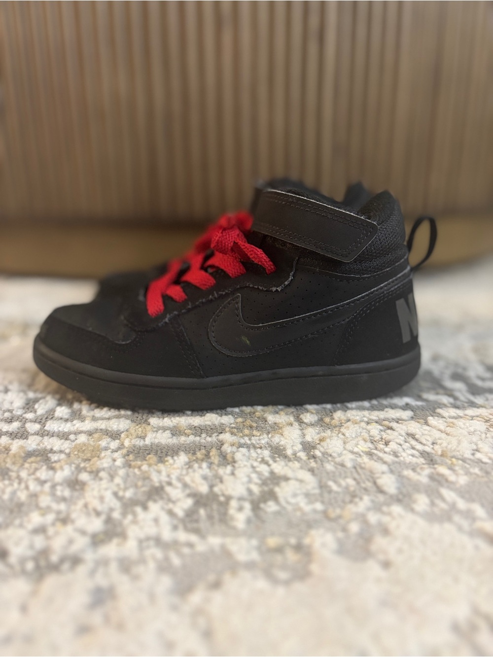 Nike Court Borough Mid Triple Black Laces switchedCustom Red Laces Kids Size 13C